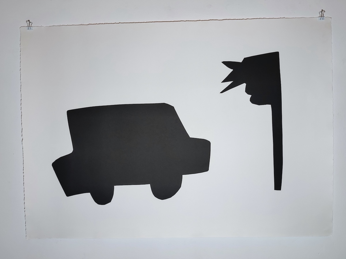 Print by Jane Coppin of a car trying to stop in front of a traffic light